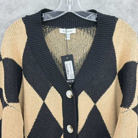 Nasty Gal Wild Flower Knit Cardigan Sweater XS S Black Camel Diamond Buttons New - Picture 4 of 11